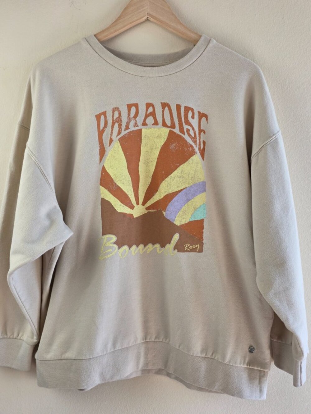 Roxy Pullover Sweatshirt Paradise Bound Tapioca SM Crew Neck Beachy